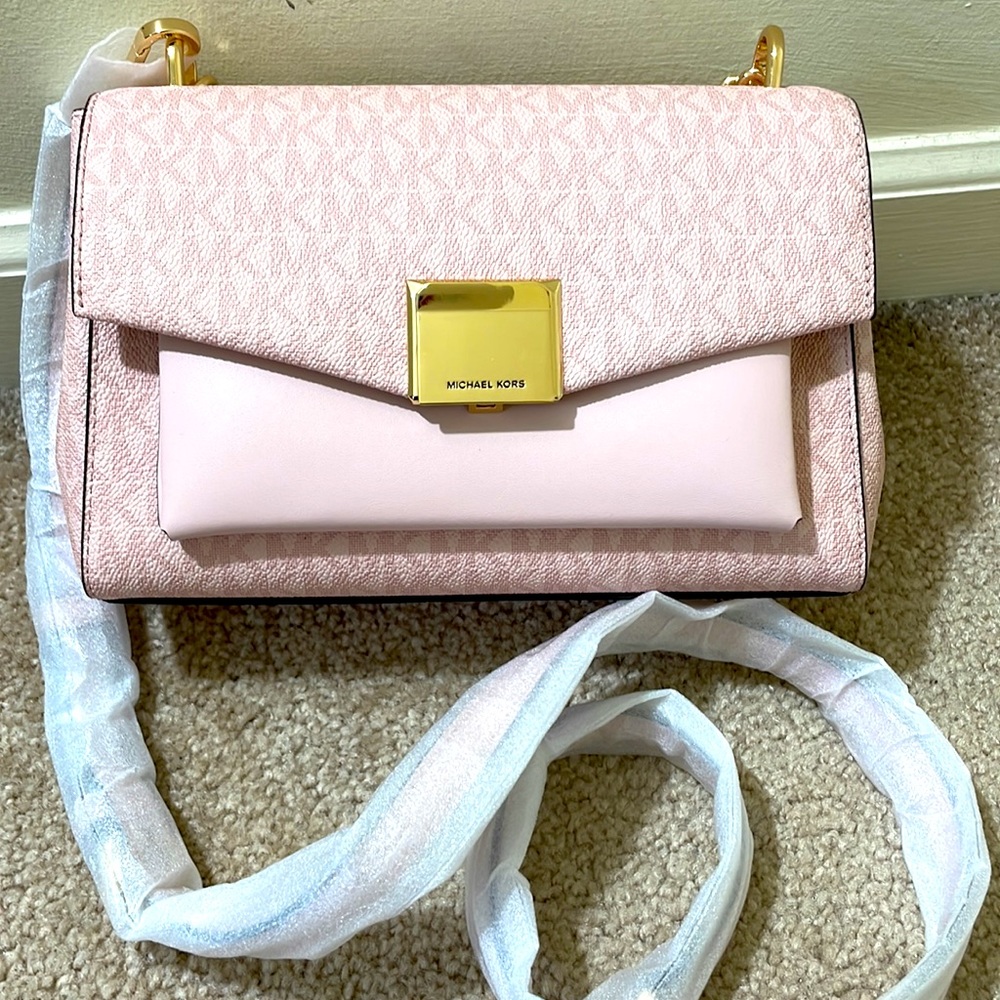 Salenwt Michael Kors Pink Crossbody Purse Gold Chain Top Handle Medium Size